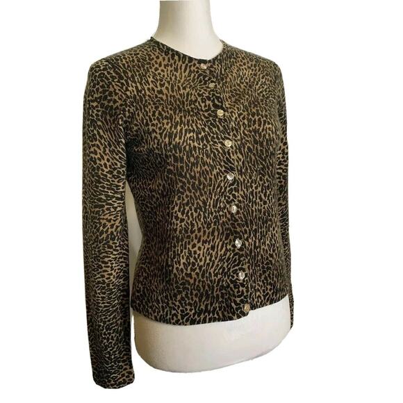 Rena Rowan Leopard Button Front Cardigan Sweater long sleeve brown Sz M/p - Picture 3 of 12